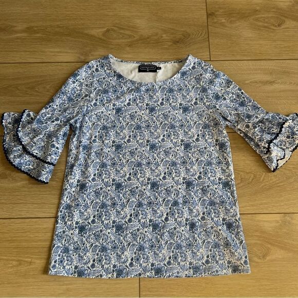 Duffield Lane Floral Blue Top with Ruffle Sleeves Tiered Ribbon Trim Medium - Picture 6 of 9